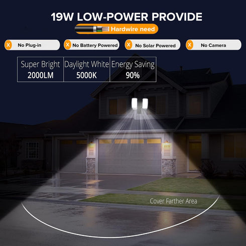 19W 2 2000LM, 5000K, IP65 UME LED Flood Light Motion Sensor Outdoor, Adjustable Head, Waterproof, Dusk to Dawn Security