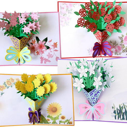 Flower Pop Up Cards 3D, Assorted 4 Flower Greeting Cards with Envelopes for All Occasions