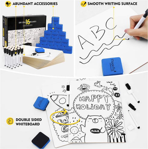 Magicfly Double-Sided Small White Board, 9 x 12 Inches, Bulk Pack of 16 Mini Dry Erase Lap Boards with 16 Pens, Erasers
