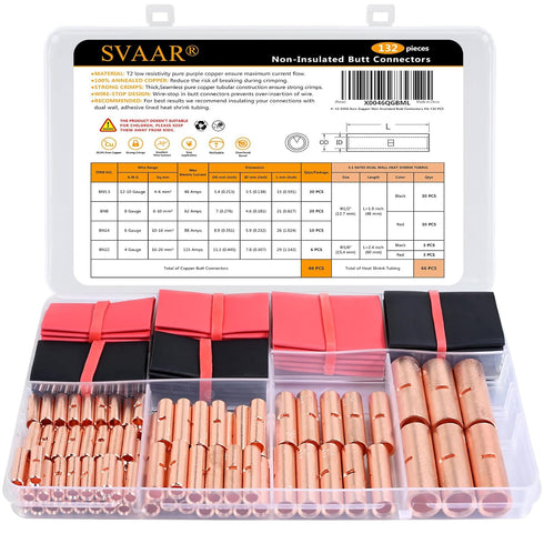 132 PCS 12 to 4 AWG Non-Insulated Butt Connectors Kit, 66 PCS Uninsulated Butt Terminals & Heat Shrink