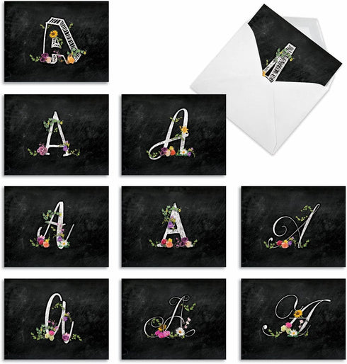 The Best Card Company - 10 Initial Letter A Assorted Blank Notecards, Floral Monogrammed Personal Stationery