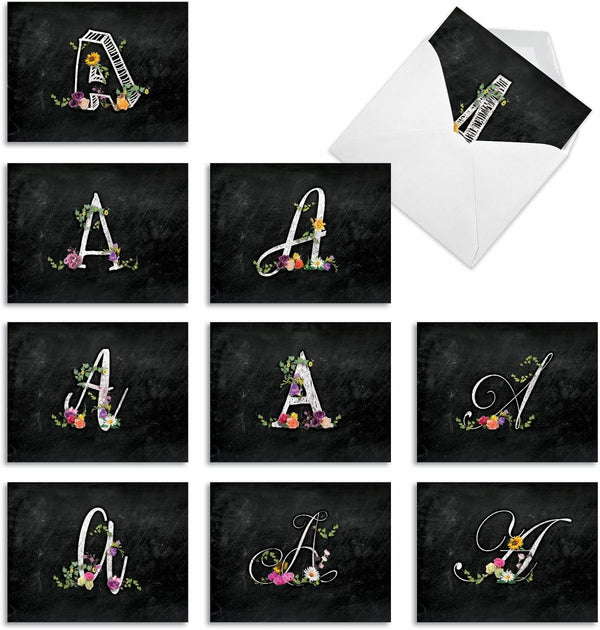 The Best Card Company - 10 Initial Letter A Assorted Blank Notecards, Floral Monogrammed Personal Stationery