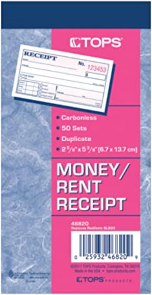 TOPS Money Receipt Book, 2-Part, Carbonless, White and Canary, 50 Sheets, 2 5/8 x 5 3/8 Inches (46820)