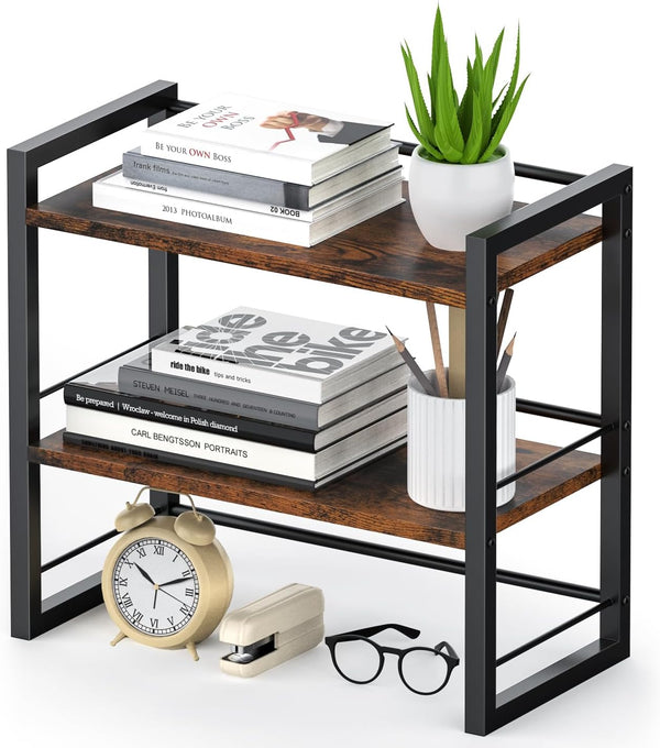 Office Desk Shelf Organizer, Wood Desktop Bookshelf Supplies Storage Rack, 2 Tier Shelf for Desk and Dresser, Brown