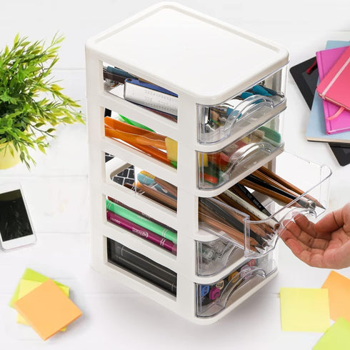 Hedume Desktop Drawer, Clear 5 Drawer Desktop Storage Unit, White Frame with Clear Drawers, Drawer Unit by Hedume