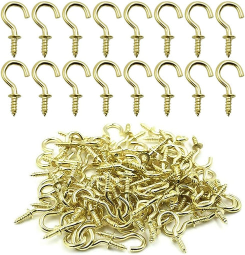 nanaxagly 100 Pieces 1/2 inch Cup Screw Hooks, Brass Plated Self-Tapping Screw-in Hooks,