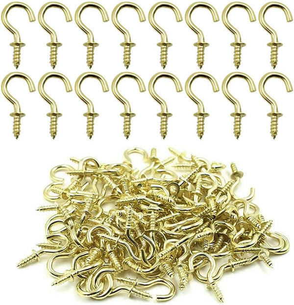 nanaxagly 100 Pieces 1/2 inch Cup Screw Hooks, Brass Plated Self-Tapping Screw-in Hooks,