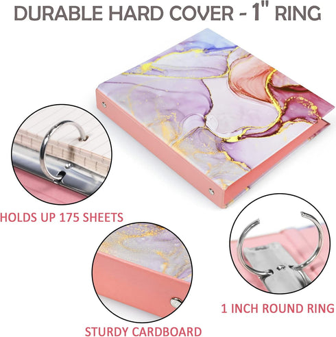 Mini 3 Ring Binder (Lightpink Marble) - 5.5 x 8.5 in, 1 Inch with Elastic Cord, Fits Loose Leaf Paper