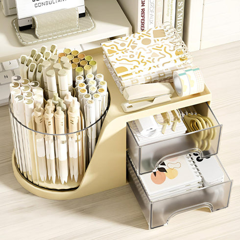 Cute Rotation Pen Holder for Desk - Beige Pencil Cup Pot Organizer for Girls, Kids, and Makeup Brushes