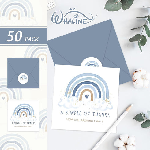 50 Pack 5 5 Inch Whaline Blue Rainbow Thank You Cards Boxed x A Bundle of Thanks From Our Growing Family Note Cards