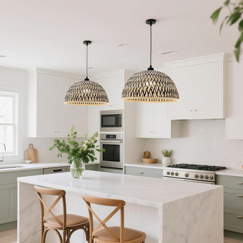 9.84 inch Bamboo Pendant Light Fixture, One-Light Adjustable Boho Handmade Woven Pendant Lighting for Kitchen Island