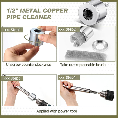 Pasimy 1/2'' Copper Tube Pipe Cleaner Brush Kit with Stainless Steel Bore Brush for Power Drill Cleaning