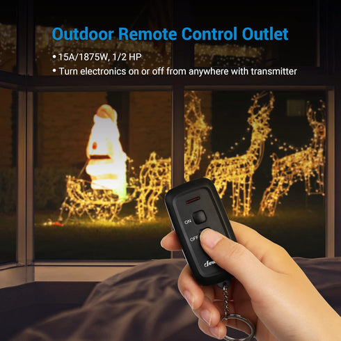 DEWENWILS Wireless Remote Control Electrical Outlet Switch Outdoor Indoor Waterproof, 15 AMP Heavy Duty, 3-Prong Plug-in Outlet, 7 Inch Cord, 100 Feet Range, Pre-Programmed, ETL and FCC Listed