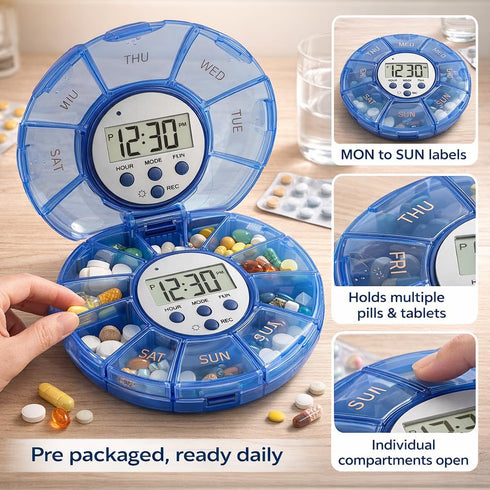 SPYMINNPOO Setting Case with Alarm, Up Voice Reminders for Medication Times Dispenser Reminder Alarm (Blue)