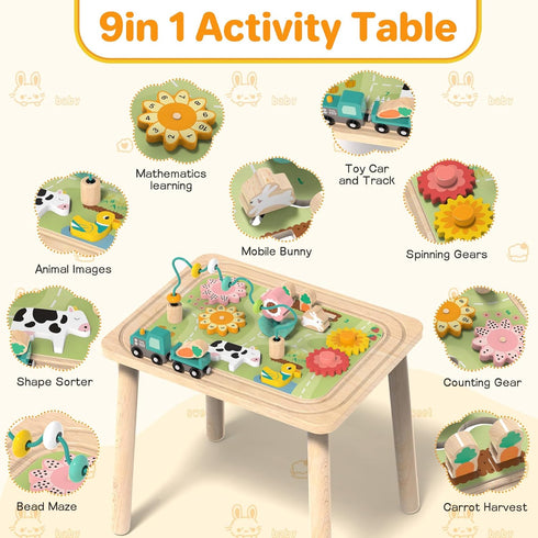 wiqins 3-in-1 6-36 Baby Activity Table for Months Old Kids Wooden Activity Center Sensory Play Table for Toddlers