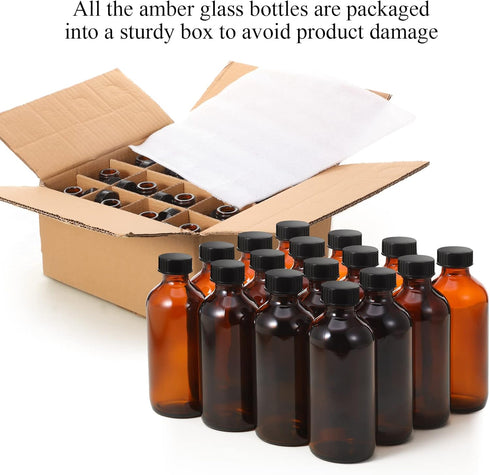 Nuenen 16 Pack 8 oz Amber Boston Round Glass Bottles with Black Poly Cone Cap for Homemade Vanilla Extract Essential
