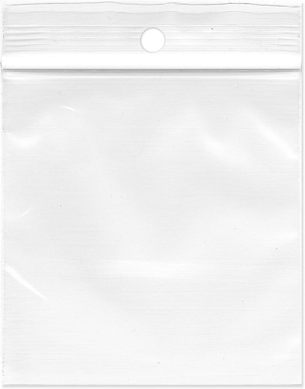 Plymor 3" x 3" Reclosable Plastic Bags, Pack of 100, 2 Mil with Hang-Hole