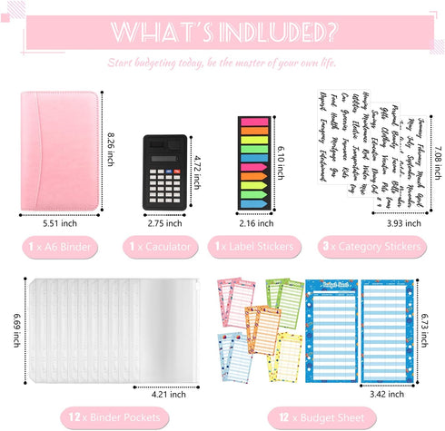 Budget Binder with Zipper Envelopes - Cash Envelopes for Budgeting, A6 PU Leather Planner with Calculator
