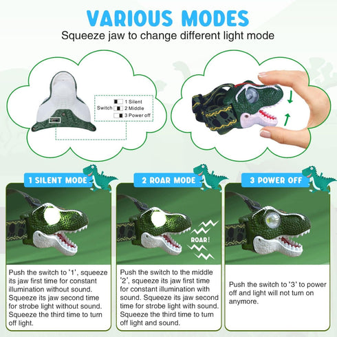 COSOOS LED Headlamp for Kids - Flashlight Camping Gear with Roar & Silent Mode, Lightweight Headlight, Birthday Gift
