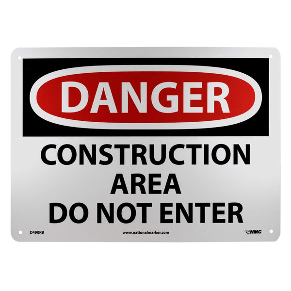NMC D490RB OSHA Sign, "DANGER - CONSTRUCTION AREA DO NOT ENTER", Rigid Plastic, Red/Black on White