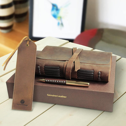 Leather Journal Gift Set with Antique Bookmark + Pen, Handmade 7x5 Inches Unlined Notebook, Luxury Gift Box