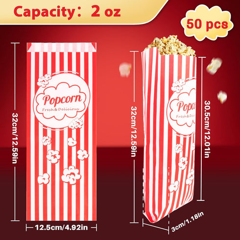 50 Individual 2oz Popcorn Bags - Disposable Food Paper Sleeves for Party, Carnival, and Movie Night Supplies