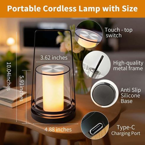 Dimmable Black Touch Table Lamp with Dynamic Flame Effect - Portable, Rechargeable Bedside Lamp, Tap for Flickering