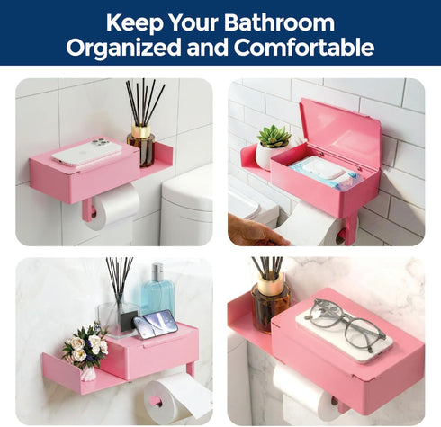 Zzaki Pink Toilet Paper Holder with Shelf & Storage Wall Mount Adhesive or Screw Installation Wipes Dispenser and Phone