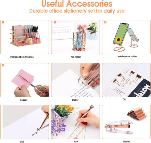 Rose Gold Desk Organizers Set with Stapler, Pen Holder, Phone Holder, Scissors, Ruler, Clips, Tacks, and Staples