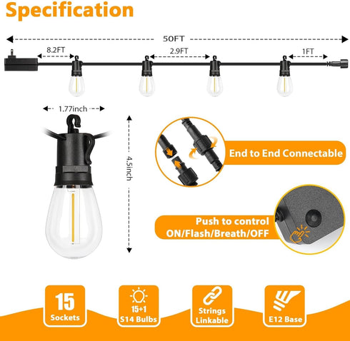 50FT 16 Dimmable S14 Bulbs(1 LED Outdoor String Lights, Waterproof Patio Light with Remote & Shatterproof Edison