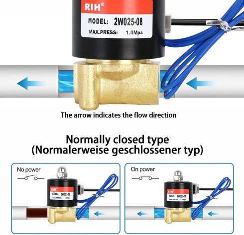 PNEUMATIC 1/4 Inch Electric Solenoid Valve Brass 12V/24V/110V 2 Way High Turn Coil Normally Closed Water 2W025-08 Liquid Air control DC12V by RIH