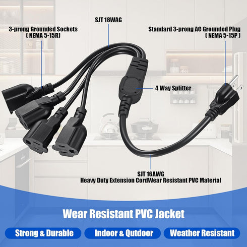 4 Outlet Power Cord, NEMA 5-15P to 5-15R 1 to 4 Y Splitter, 20 Inch Extension Cord Splitter