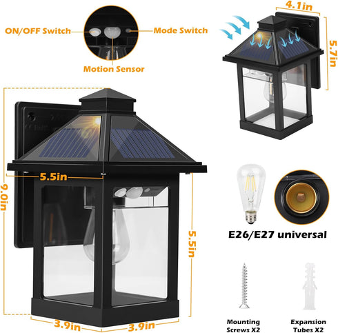 BESMYJ 3 IP65 Solar Porch Lights Outdoor, Solar Wall Lanterns with Modes Motion Sensor & Waterproof, Dusk to Dawn LED