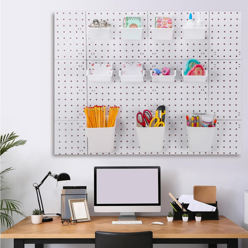 Uiifan 18 Set Pegboard Cups Kit, Plastic Bins with Hooks and Label Stickers for DIY Tools, Craft, Office Storage (White)