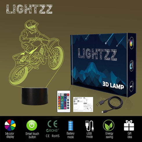 3D 16 Lightzz Dirt Bike Gifts for Boys, Motocross Night Light Illusion Lamp for Teen Boys Motorcycle Fans Bedroom Decor