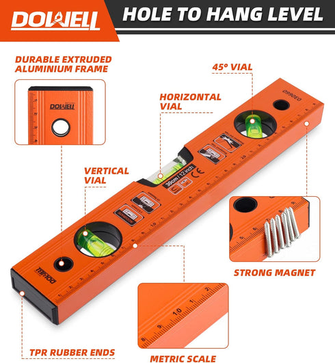 DOWELL 12 Inch Magnetic Spirit Level with Metric Scale, 3 Different Bubbles - 45 /90 /180 HY030660