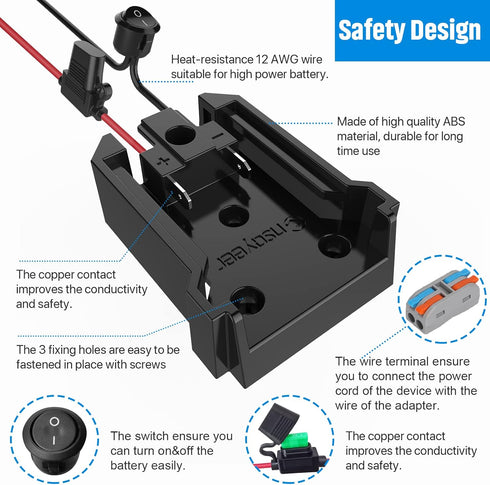 Power Wheel Adapter with Fuse & Switch for Milwaukee 18V Battery, Non-Blown Tight Battery Adapter, 4Pcs 30A Fuse