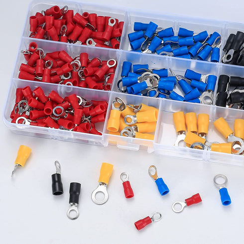 200 Pcs Mixed Quick Disconnect Electrical Ring Terminals, Insulated O Ring Crimp Terminals Connectors Assortment Kits
