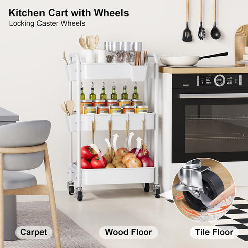 Aofure 3 Tier Rolling Cart Metal with Wheels, White Three Tiered Craft Cart Organizer on Wheels, Storage Utility Carts