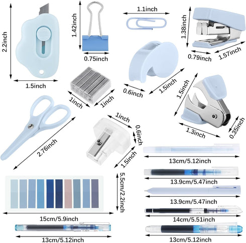 Mini Office Supply Kit Includes Stapler Tape Dispenser Staple Remover Paper Clips Scissor Staples Pen Sharpener Note Small Telescopic Knife for Office and School Clerk Student (Blue) by Colarr