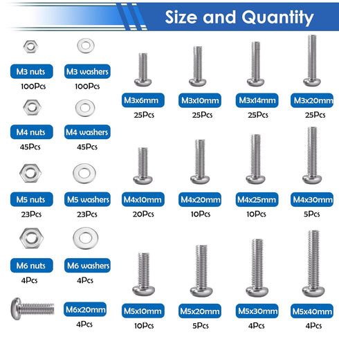 smseace 516Pcs 21-Sizes M3/M4/M5/M6 Nuts and Bolts Assortment Kit Nut Bolt Washer Assortment Kit for Machinery