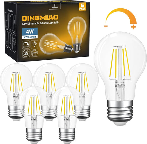 A19 E26 Base Dimmable Edison LED Bulb, 4W(40 Watt Equivalent) Stepless Dimming
