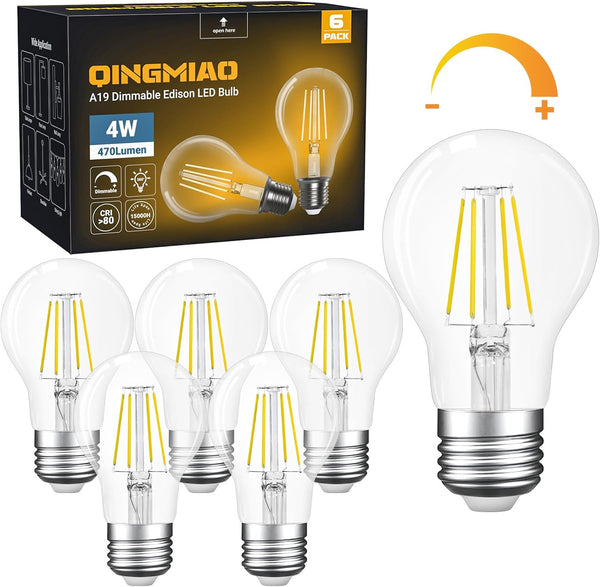 A19 E26 Base Dimmable Edison LED Bulb, 4W(40 Watt Equivalent) Stepless Dimming