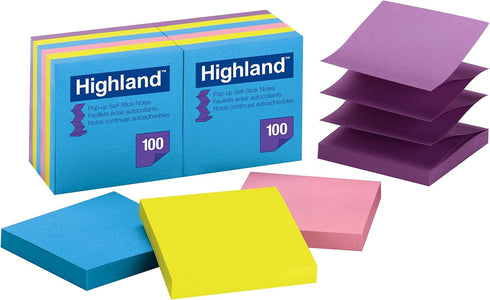 Highland Pop-up Sticky Notes, 3 x 3 Inches, Assorted Bright Colors, 12 Pack