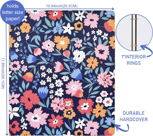 Romantic Floral Art Deco Hardcover 3 Ring Binder, 1 Inch Round Rings, Flower Organizer with Two Interior Pockets