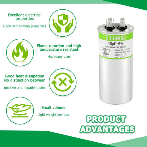 45 MFD 45 uF 370 or 450 Volt CBB65 Capacitor for AC Motor Run, Heat Pump, Air Conditioner, HVAC Capacitor