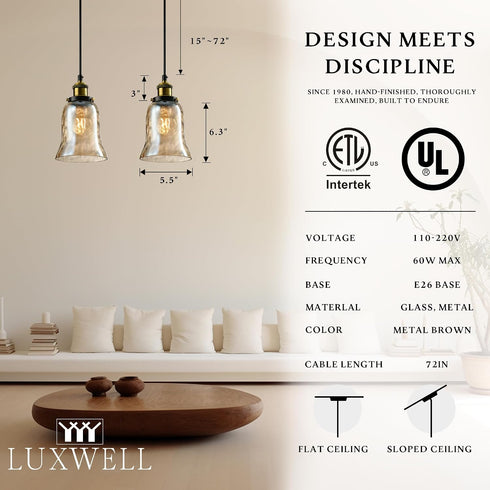 5.5"x6.3" 15"-72" E26 Modern Glass Pendant Light, Amber Ribbed Globe Light Fixture with Gold Cap, Adjustable Cord