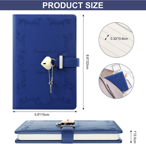 A5 Girls Diary with Lock and Key, Cute Heart Shaped Lock Journal for Women, Refillable Vintage Secret PU Leather