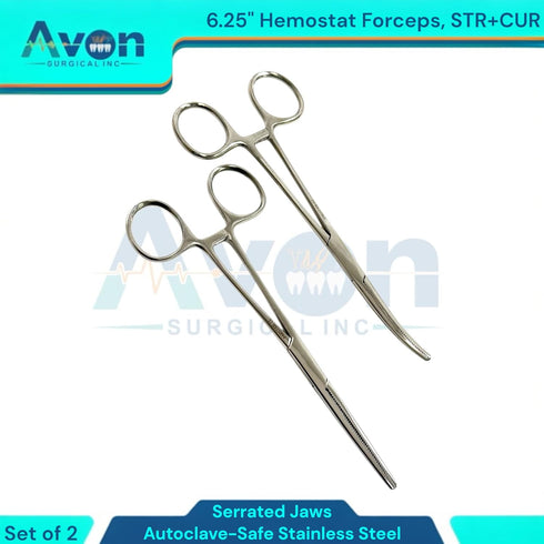 Avon Surgical Pack 2pcs (6.25 Inches) of - Hemostat Clamp Forceps with Serrated Jaws, Curved + Straight, Autoclave-Safe