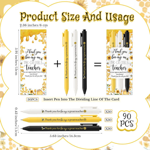 Teachers Appreciation Gifts Bulk Cute Bee Back to School Gifts Sunflower Bee Retractable Ballpoint Pens Black Ink (3 Colors/Set) Thank You Teacher Bookmarks for School Office(30 Sets)